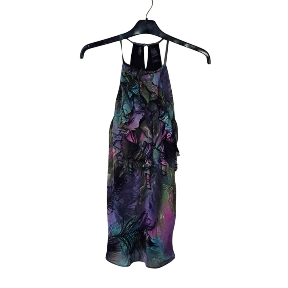 Bisou Bisou Michele Bohbot Ruffle Halter Top Peacock Feather Print Purple Large